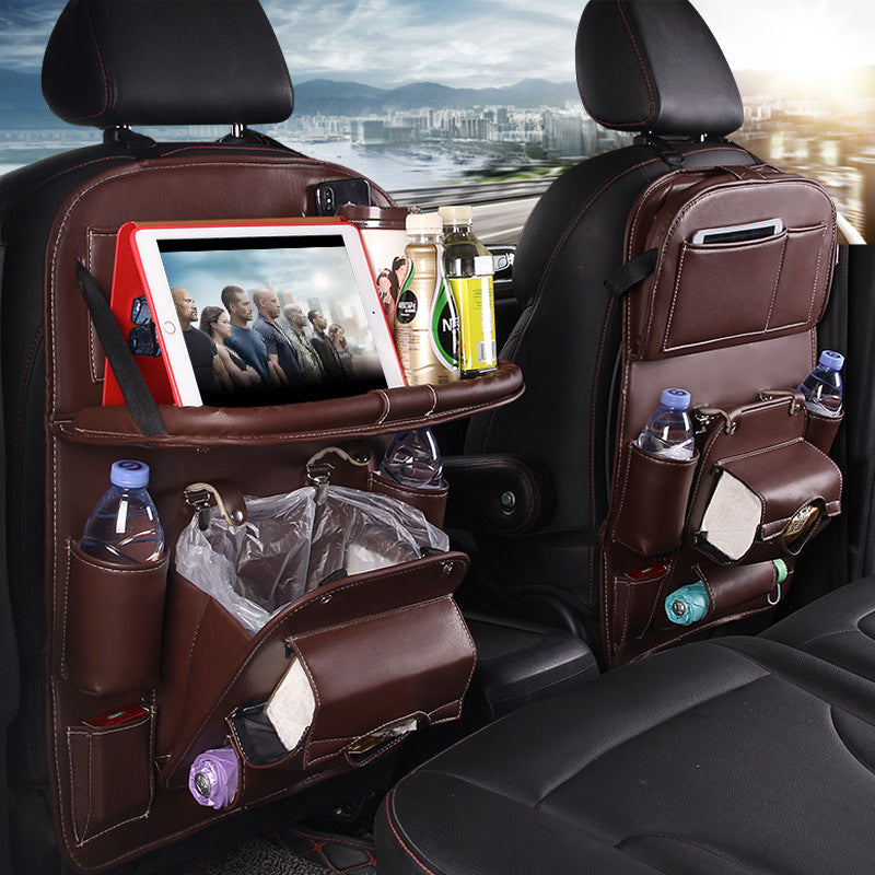 PU Leather Car Seat Back Organizer – Waterproof, Multi-Pocket Hanging Storage Bag with Tray Table