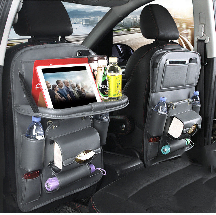 PU Leather Car Seat Back Organizer – Waterproof, Multi-Pocket Hanging Storage Bag with Tray Table