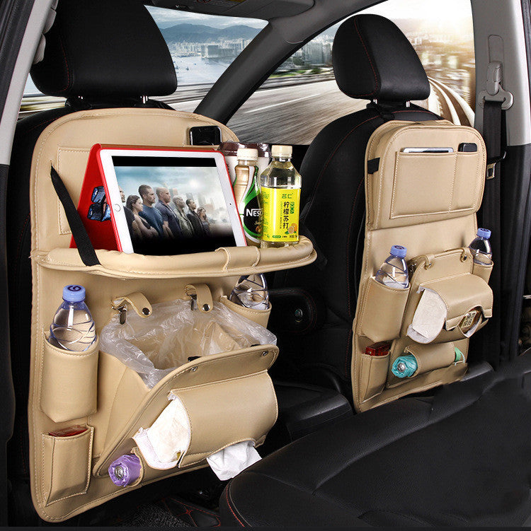 PU Leather Car Seat Back Organizer – Waterproof, Multi-Pocket Hanging Storage Bag with Tray Table