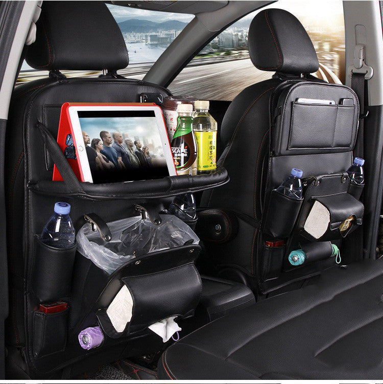 PU Leather Car Seat Back Organizer – Waterproof, Multi-Pocket Hanging Storage Bag with Tray Table