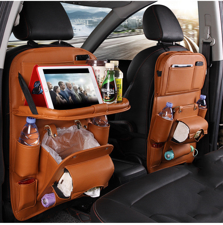PU Leather Car Seat Back Organizer – Waterproof, Multi-Pocket Hanging Storage Bag with Tray Table