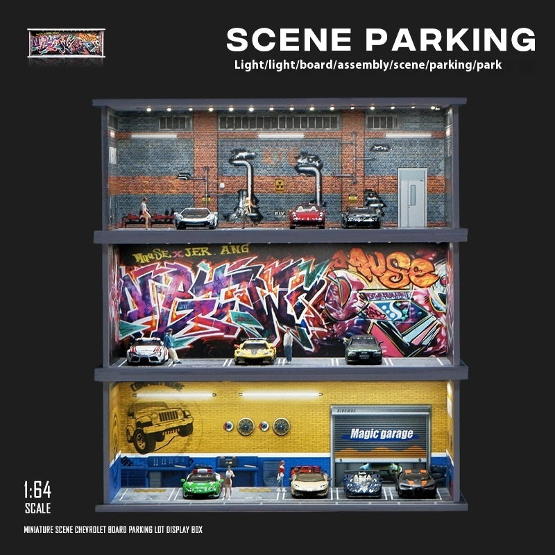 Miniature Scene Model Assembled Parking Lot Display Shelf With Lights