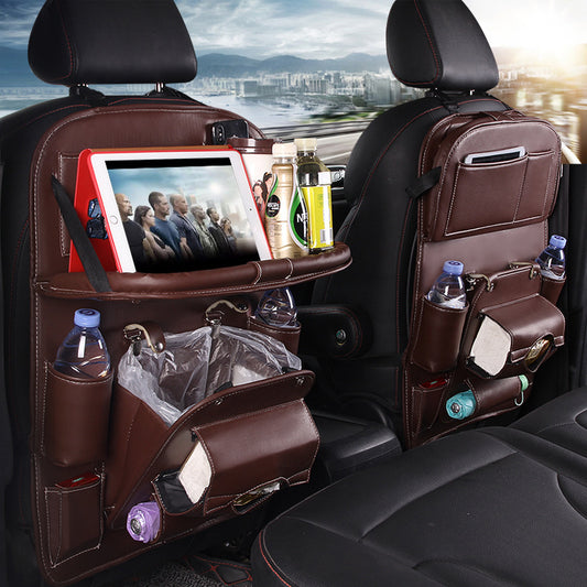 PU Leather Car Seat Back Organizer – Waterproof, Multi-Pocket Hanging Storage Bag with Tray Table