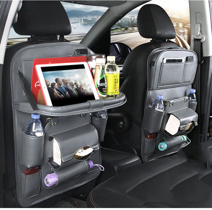 PU Leather Car Seat Back Organizer – Waterproof, Multi-Pocket Hanging Storage Bag with Tray Table