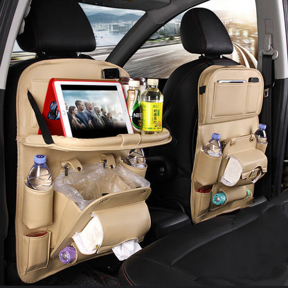 PU Leather Car Seat Back Organizer – Waterproof, Multi-Pocket Hanging Storage Bag with Tray Table