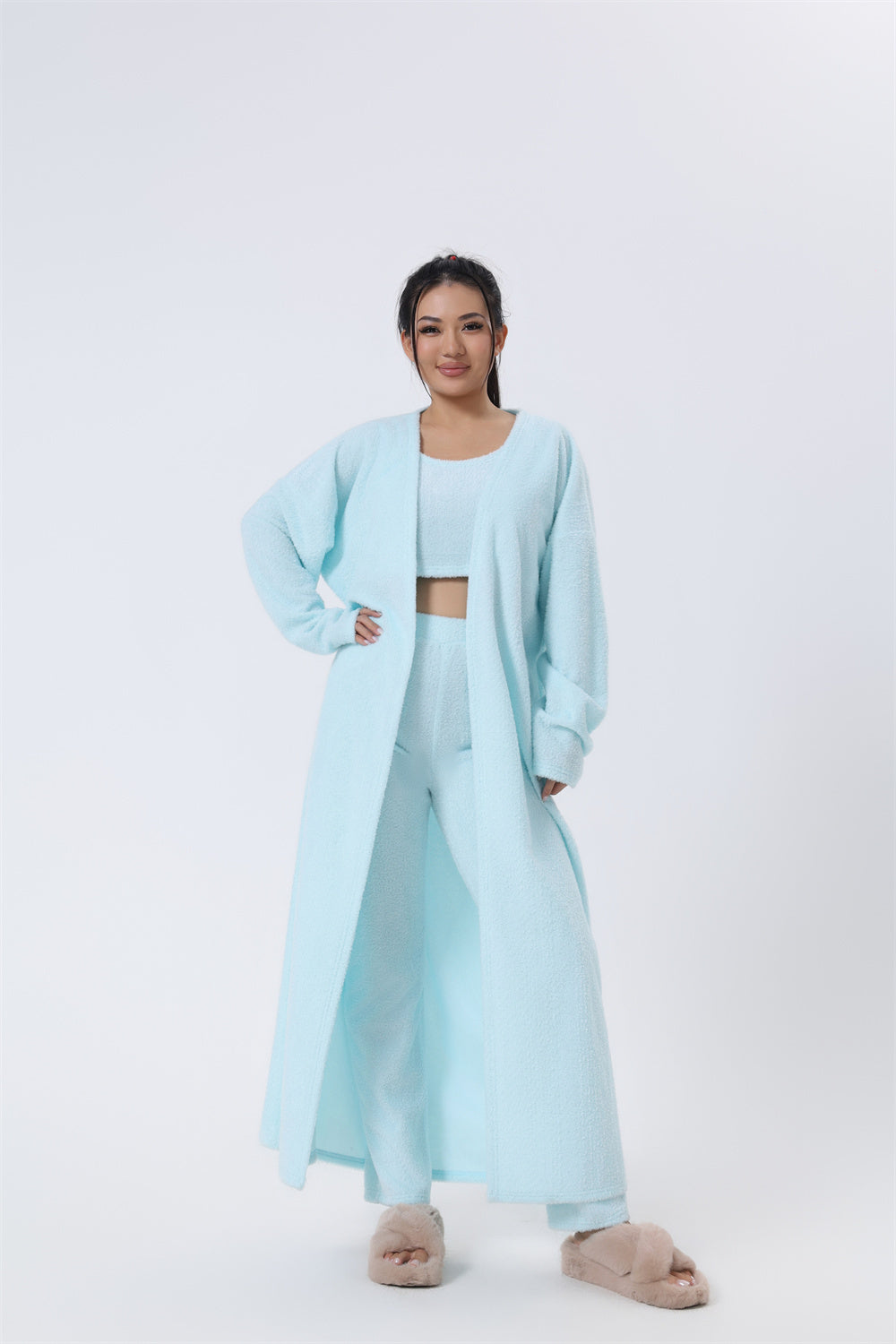 Cozy 3-Piece Women’s Pajama Lounge Set – Winter Warm Matching Outfit with Tank, Cardigan & Pants