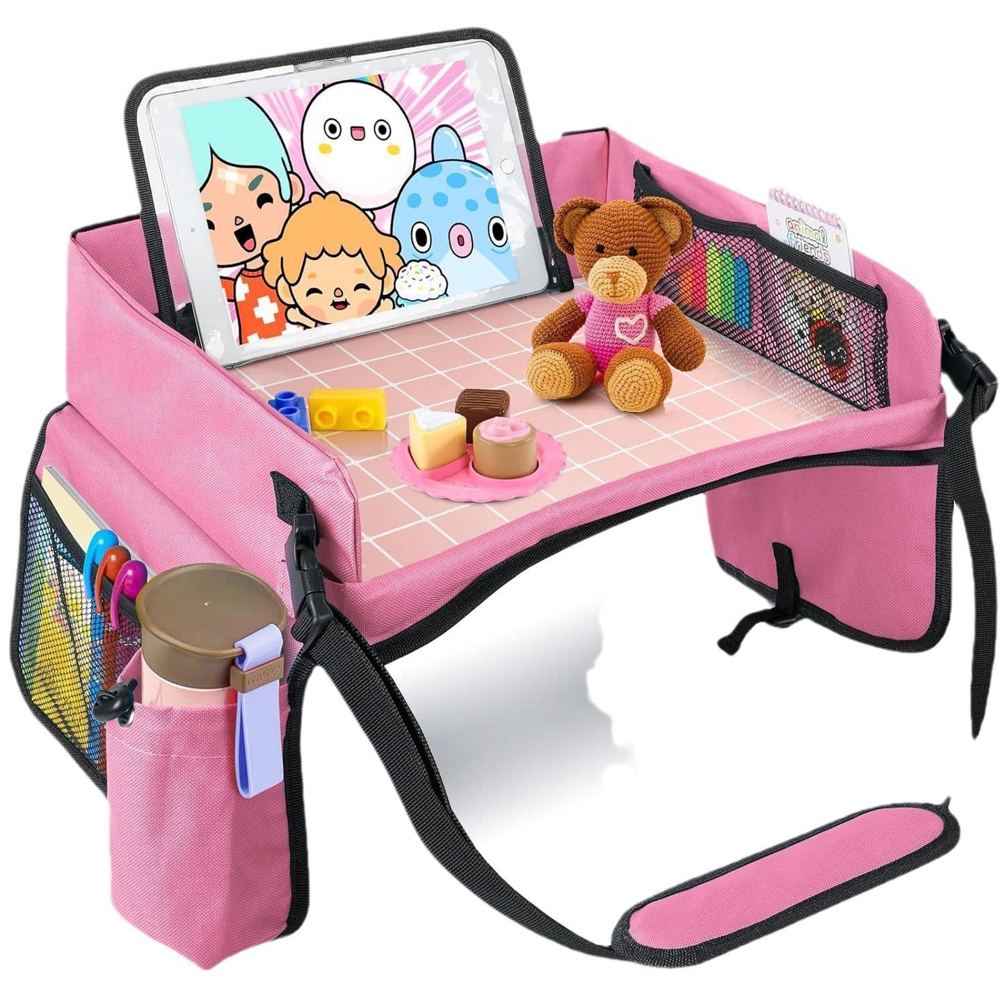 Kids Travel Car Tray with Storage – Car Seat Organizer & Shopping Bag Combo