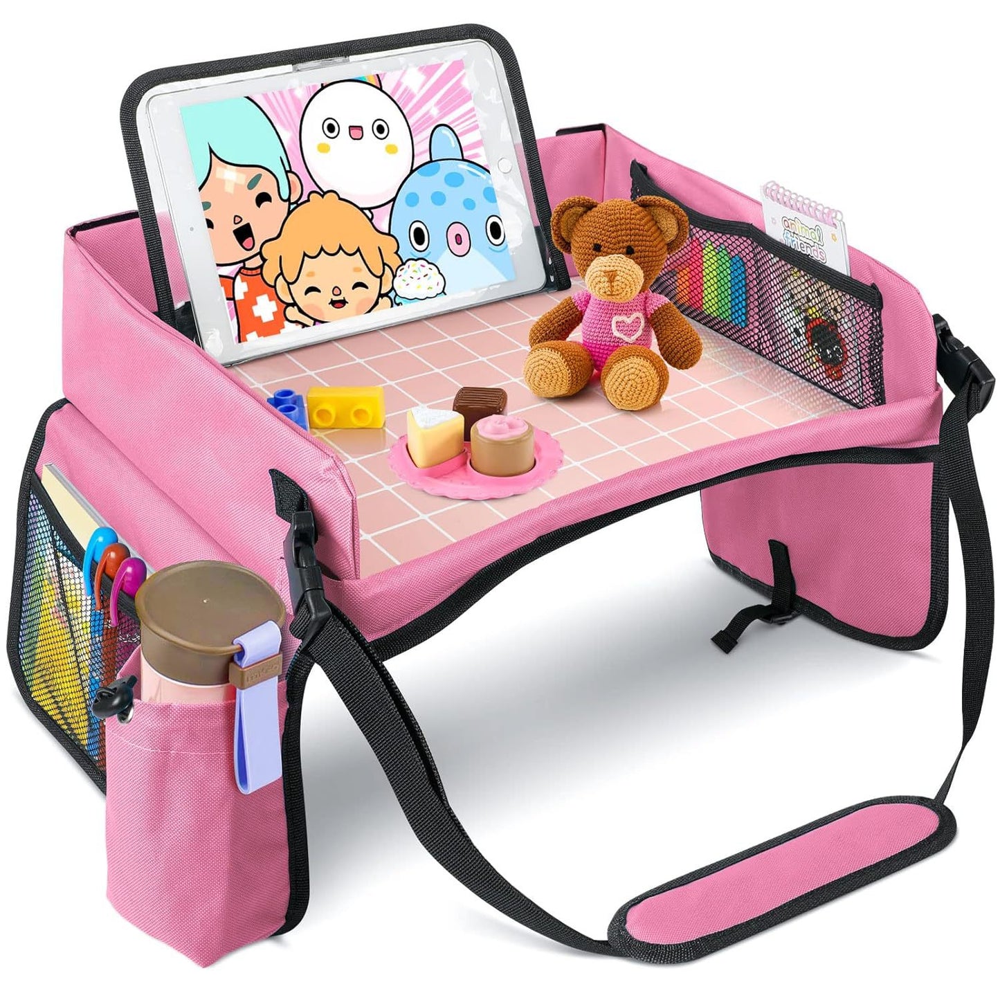 Kids Travel Car Tray with Storage – Car Seat Organizer & Shopping Bag Combo