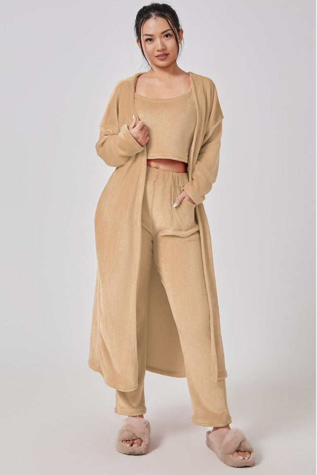 Cozy 3-Piece Women’s Pajama Lounge Set – Winter Warm Matching Outfit with Tank, Cardigan & Pants