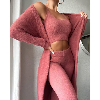 Cozy 3-Piece Women’s Pajama Lounge Set – Winter Warm Matching Outfit with Tank, Cardigan & Pants